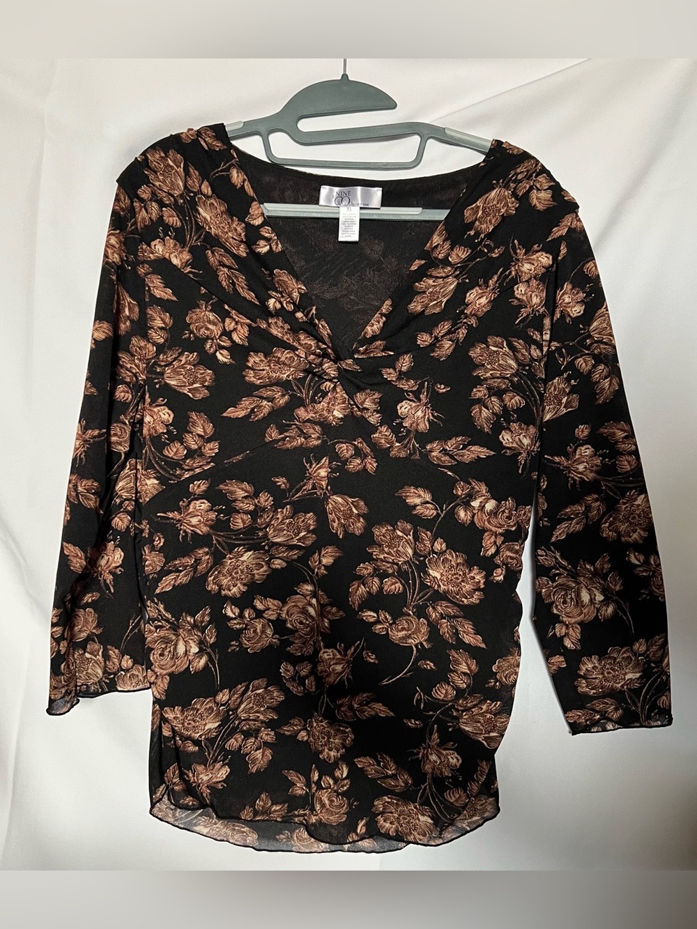 Nine West Black Floral V-Neck Mesh Blouse